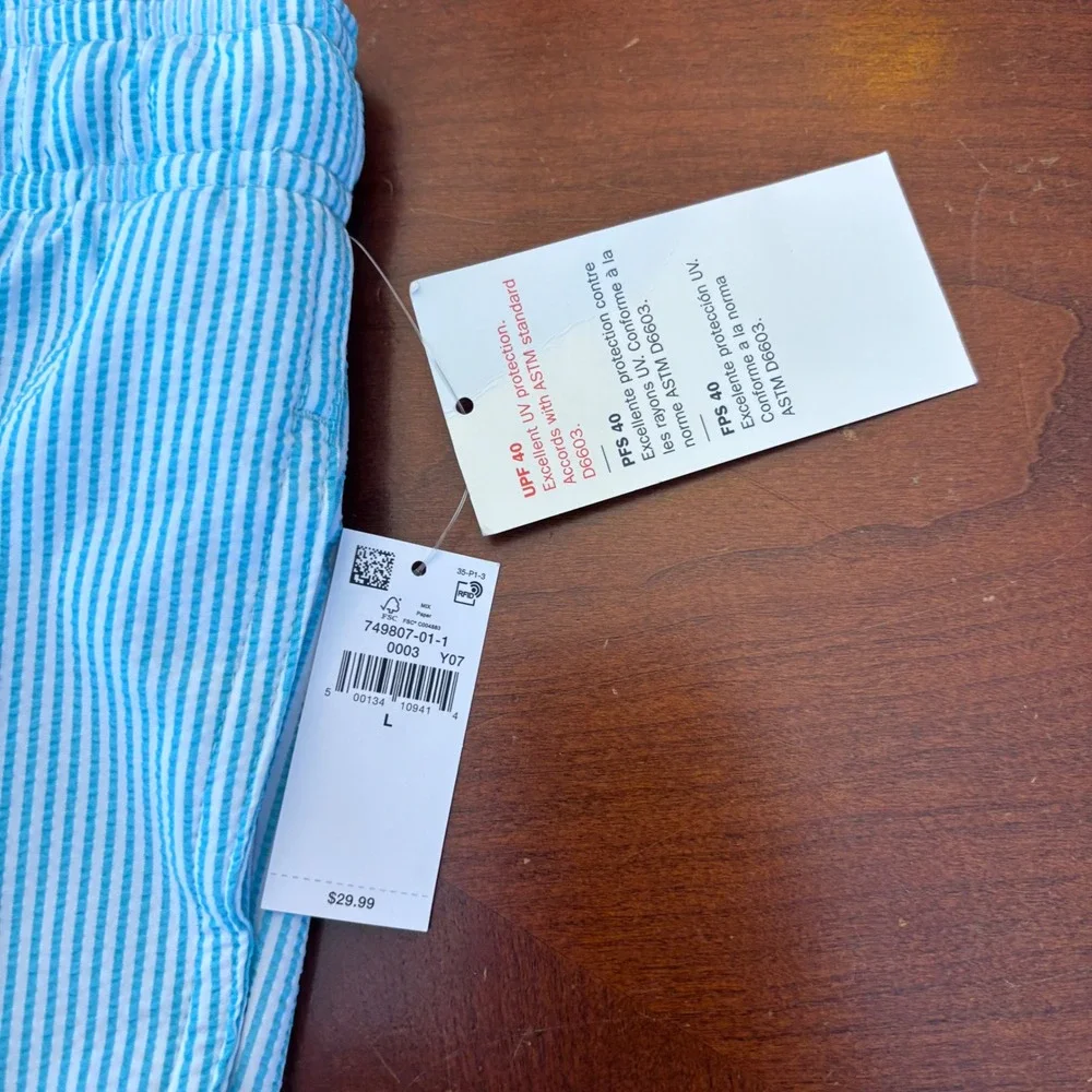 NEW | Old Navy | Mens L‎ | Blue&White Seersucker Striped Swim Trunks UPF 40